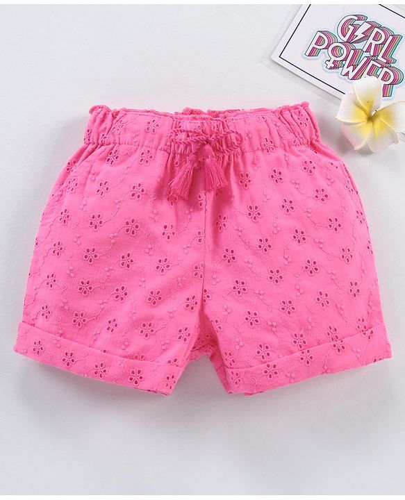 Babyhug Cotton Woven Mid Thigh Shorts Schiflli Design - Pink