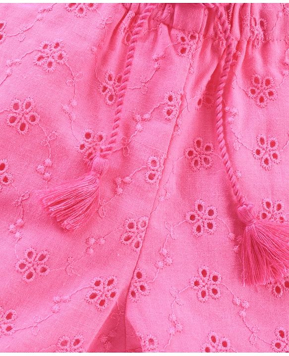 Babyhug Cotton Woven Mid Thigh Shorts Schiflli Design - Pink