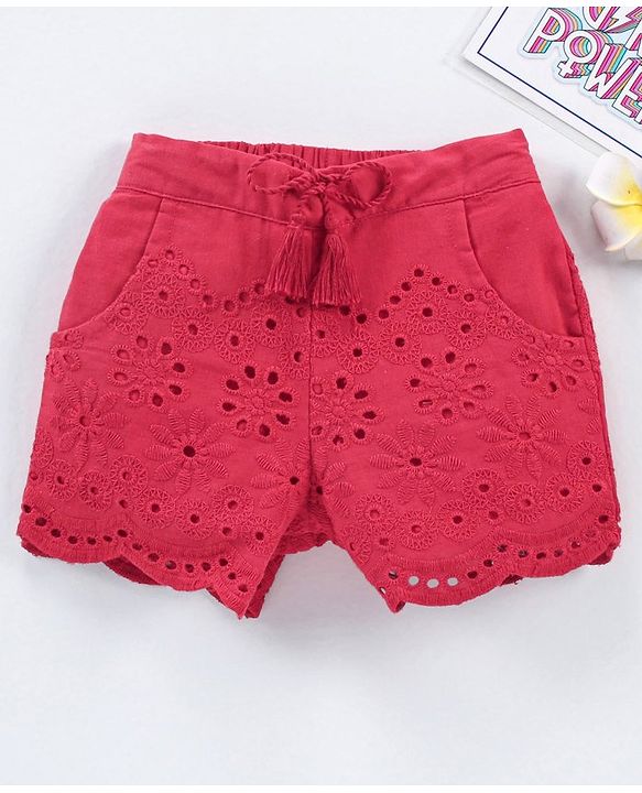 Babyhug Cotton Woven Mid Thigh Shorts Schiflli Design - Red