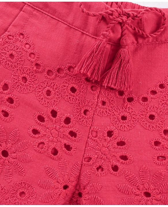 Babyhug Cotton Woven Mid Thigh Shorts Schiflli Design - Red