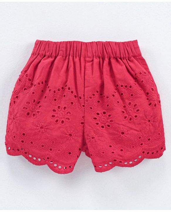 Babyhug Cotton Woven Mid Thigh Shorts Schiflli Design - Red