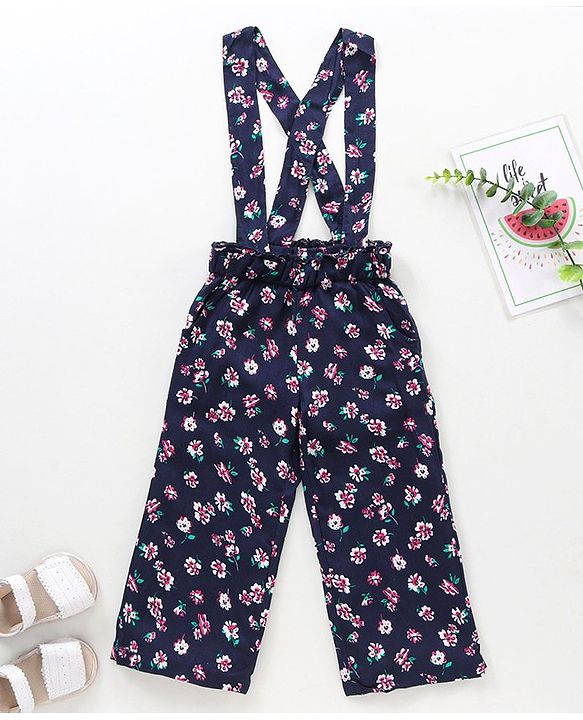 Babyhug Full Length Pant With Suspender Floral Print - Blue