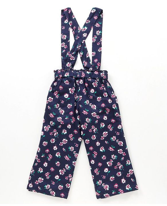 Babyhug Full Length Pant With Suspender Floral Print - Blue