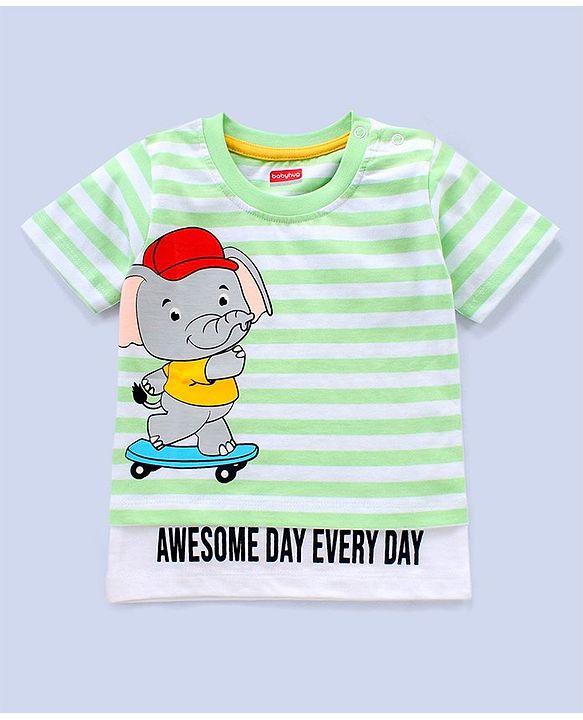 Babyhug Half Sleeves T-Shirt Stripe Pattern With Elephant Print - Multicolour