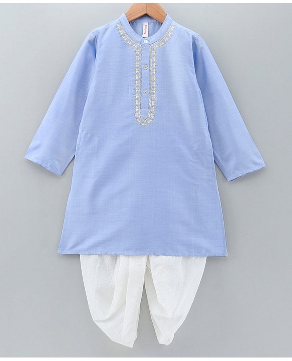 Babyhug Full Sleeves Cotton Zari Kurta and Dhoti Set - Blue
