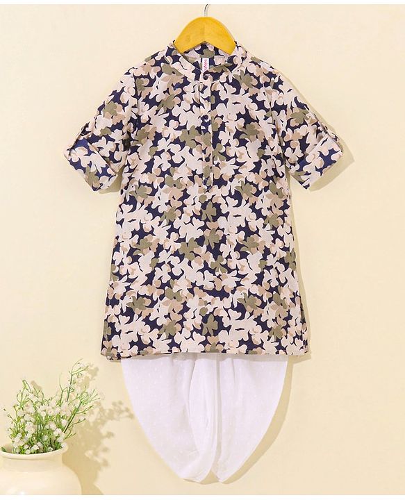 Babhyhug Cotton Woven Full Sleeves Ethnic Printed Kurta & Dhoti Set - Navy