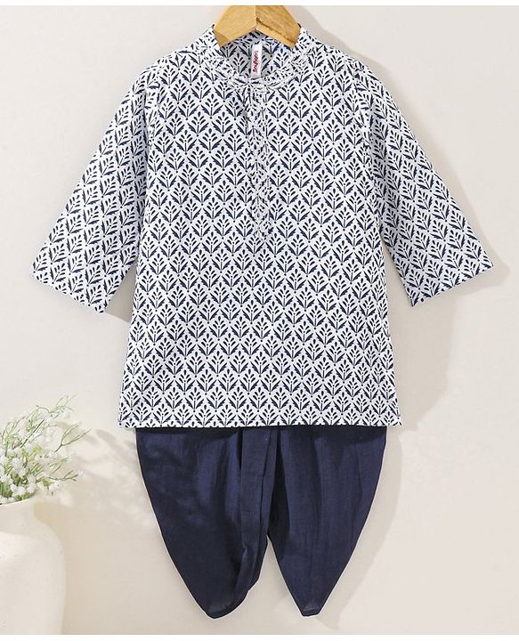 Babyhug Cotton Full Sleeves Kurta & Dhoti Set Ethnic Print - Navy Blue