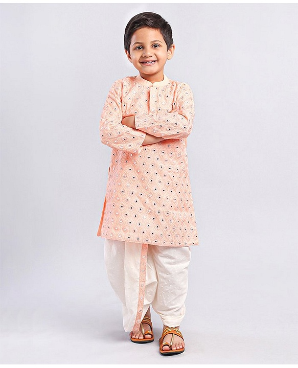 Babyhug Full Sleeves Embroidered Cotton Dhoti Pyjama Set- Peach