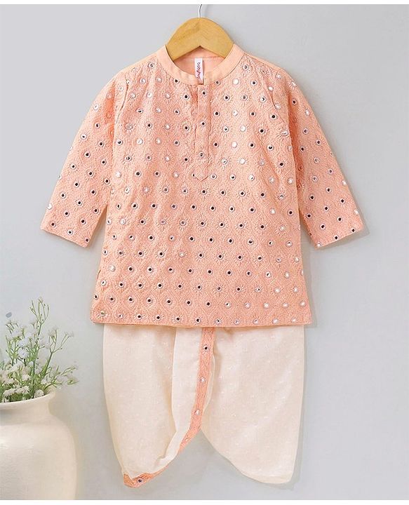 Babyhug Full Sleeves Embroidered Cotton Dhoti Pyjama Set- Peach
