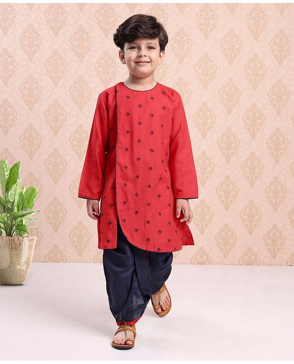 Babyhug Cotton Full Sleeves Kurta & Dhoti Set Ethnic Print - Red Blue