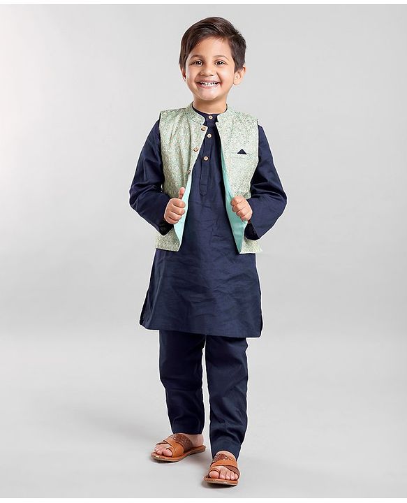 Babyhug Full Sleeves Kurta Payjama Set With Waistcoat - Blue