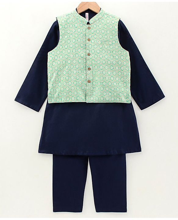 Babyhug Full Sleeves Kurta Payjama Set With Waistcoat - Blue