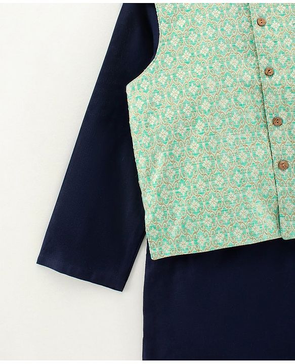 Babyhug Full Sleeves Kurta Payjama Set With Waistcoat - Blue