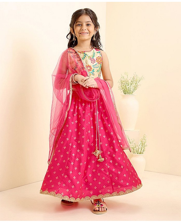 Babyhug Sleeveless Embroidered Choli Lehenga & Dupatta Set - Multicolor