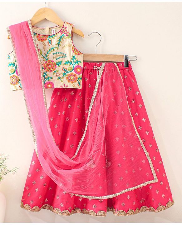 Babyhug Sleeveless Embroidered Choli Lehenga & Dupatta Set - Multicolor