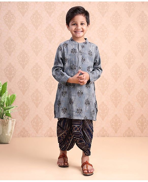 Babyhug Cotton Full Sleeves Kurta & Dhoti Set Ethnic Print - Navy Blue