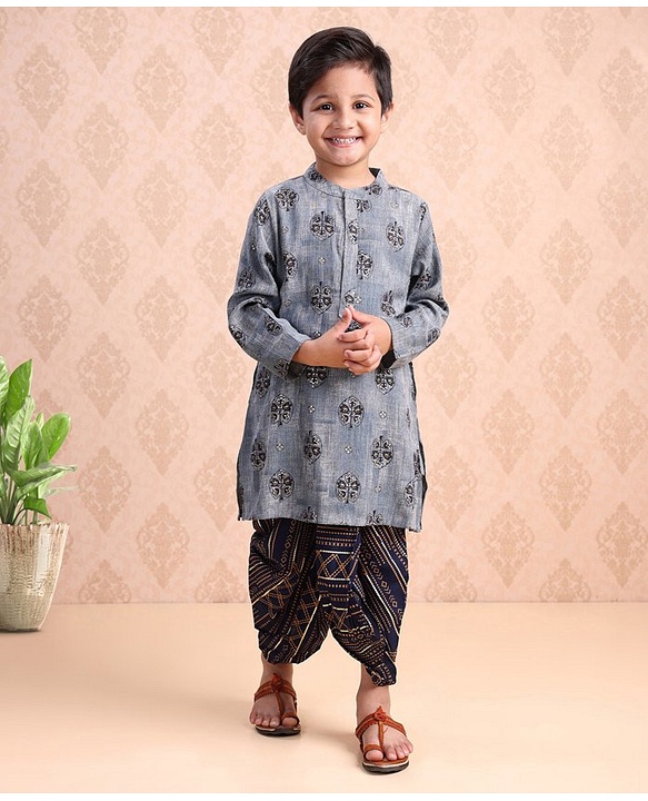 Babyhug Cotton Full Sleeves Kurta & Dhoti Set Ethnic Print - Navy Blue