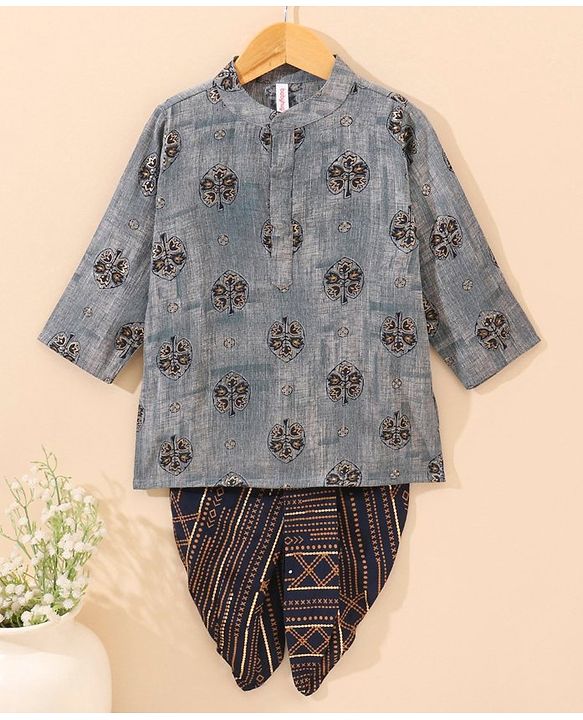 Babyhug Cotton Full Sleeves Kurta & Dhoti Set Ethnic Print - Navy Blue