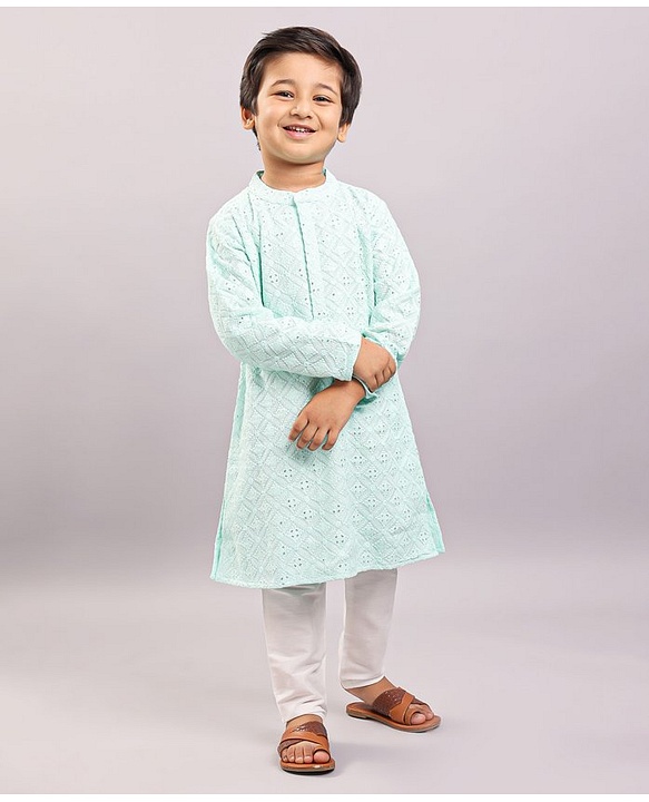 Babyhug Full Sleeves Cotton Solid Kurta Pyjama Set - Sea Green