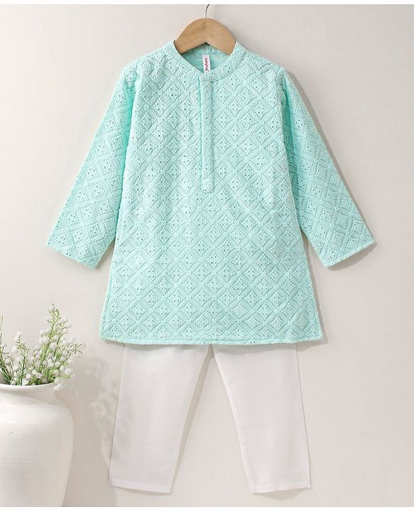 Babyhug Full Sleeves Cotton Solid Kurta Pyjama Set - Sea Green