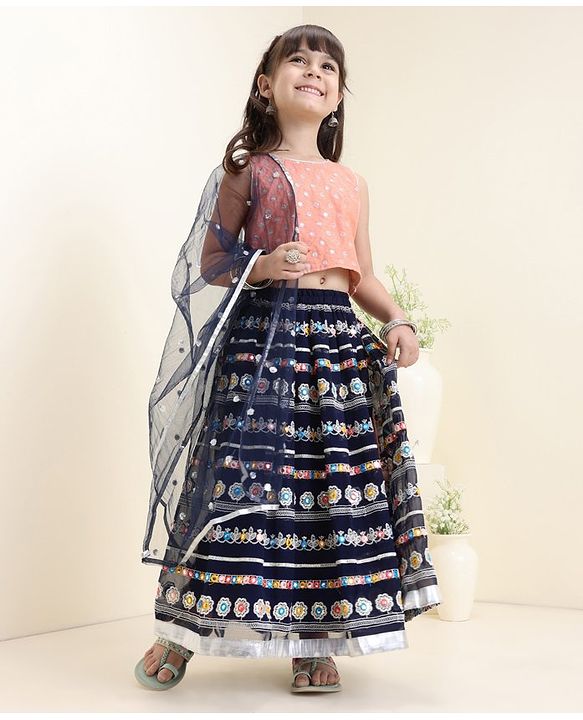 Babyhug Sleeveless Embroidered Choli & Flared Lehenga with Dupatta - Peach Navy
