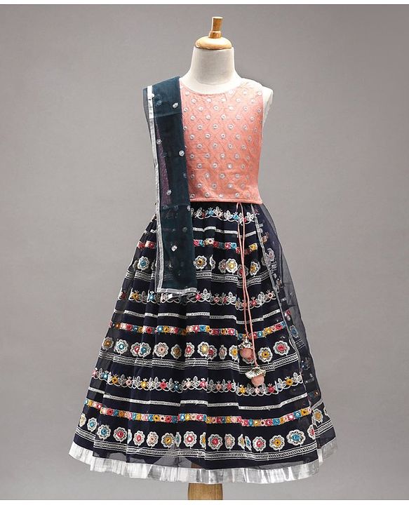 Babyhug Sleeveless Embroidered Choli & Flared Lehenga with Dupatta - Peach Navy