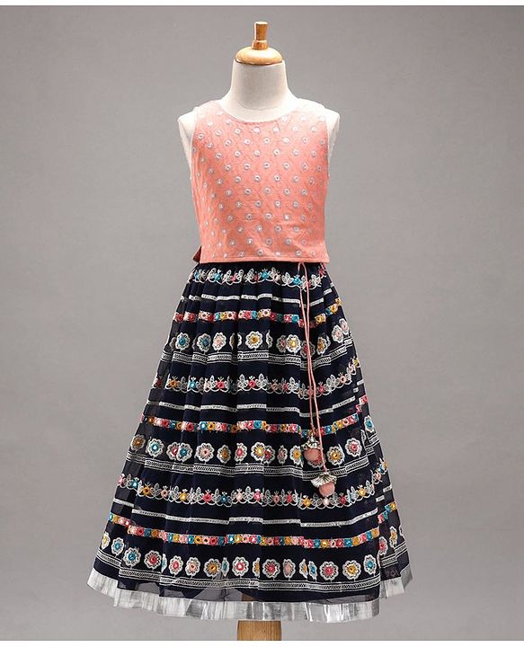 Babyhug Sleeveless Embroidered Choli & Flared Lehenga with Dupatta - Peach Navy