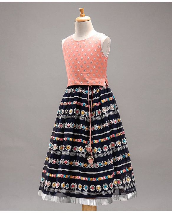 Babyhug Sleeveless Embroidered Choli & Flared Lehenga with Dupatta - Peach Navy