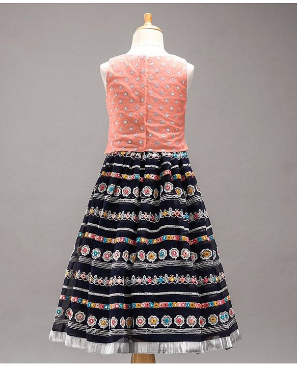 Babyhug Sleeveless Embroidered Choli & Flared Lehenga with Dupatta - Peach Navy