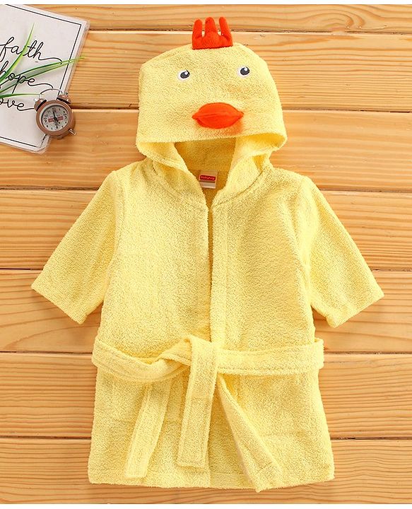 Babyhug Three Fourth Sleeves Hooded Bath Robe Duck Design - Yellow