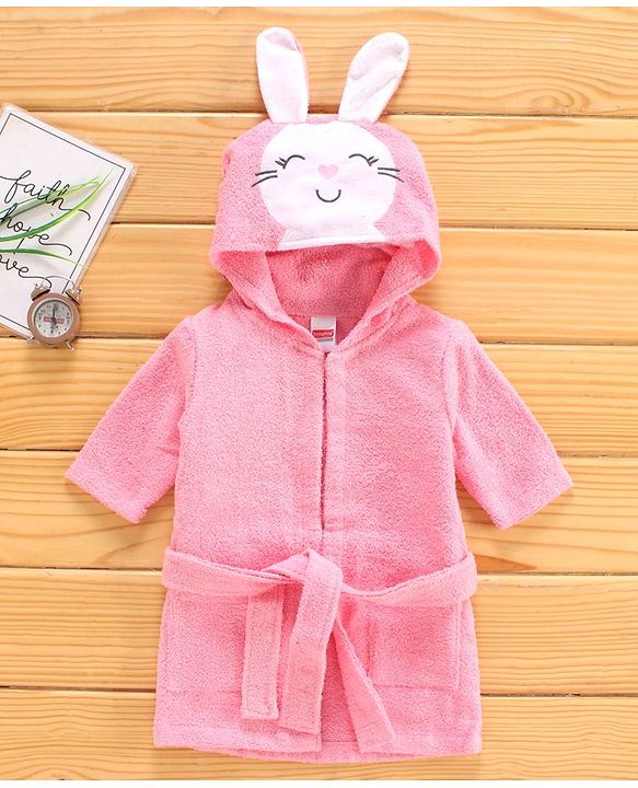 Babyhug Three Fourth Sleeves Hooded Bath Robe Bunny Design - Pink