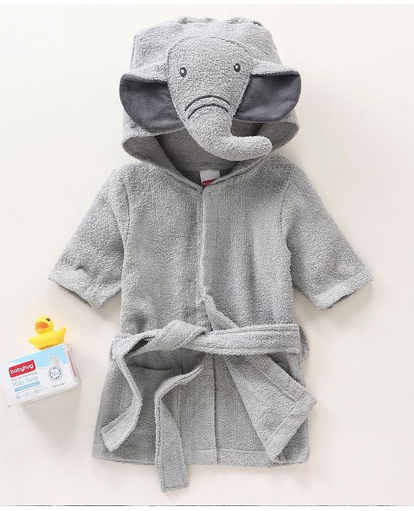 Babyhug Three Fourth Sleeves Elephant Design Woven Terry Bath Robe - Grey