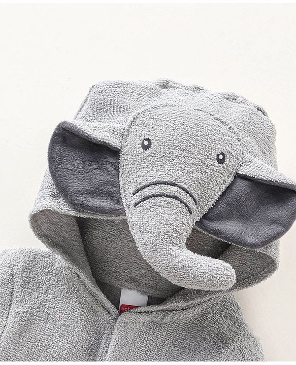 Babyhug Three Fourth Sleeves Elephant Design Woven Terry Bath Robe - Grey