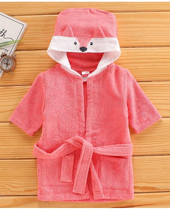 Babyhug Three Fourth Sleeves Hooded Bath Robe Fox Design - Pink