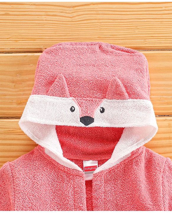 Babyhug Three Fourth Sleeves Hooded Bath Robe Fox Design - Pink