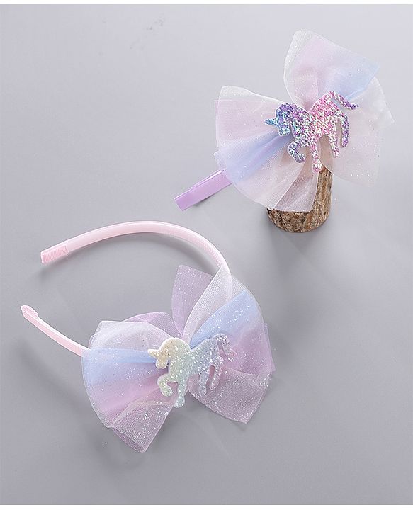 Babyhug Hair Bands Unicorn Embellished Bow Pack Of 2 - Pink & Purple