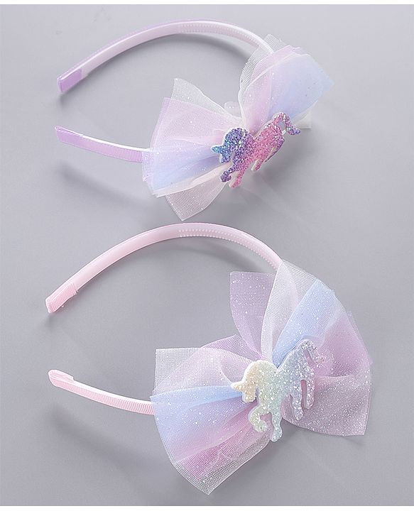 Babyhug Hair Bands Unicorn Embellished Bow Pack Of 2 - Pink & Purple