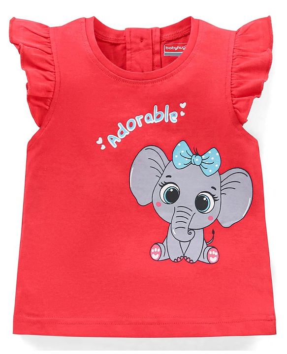 Babyhug Cap Sleeves Top With Graphics & Frill Detailing- Red