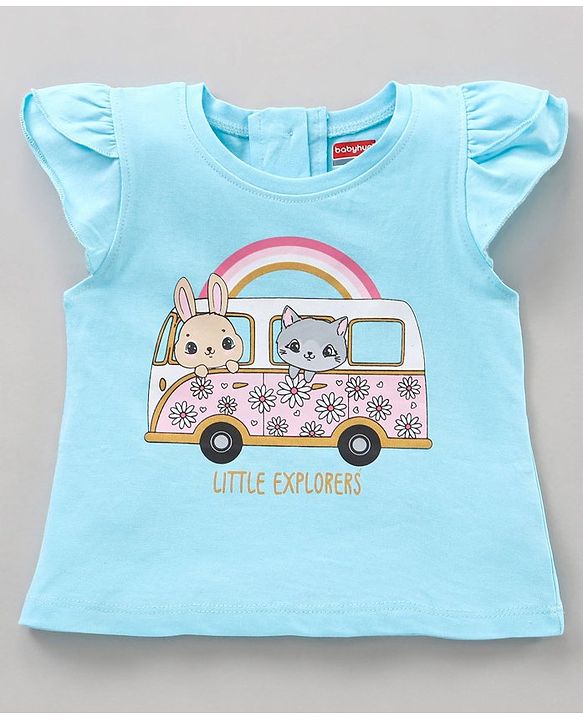 Babyhug Cap Sleeves Top Cat & Bunny Print - Blue
