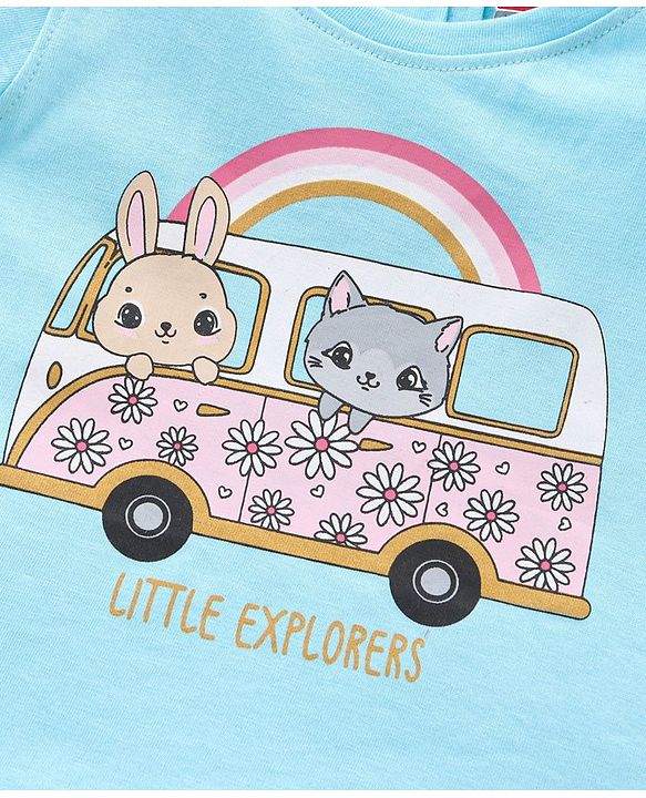 Babyhug Cap Sleeves Top Cat & Bunny Print - Blue