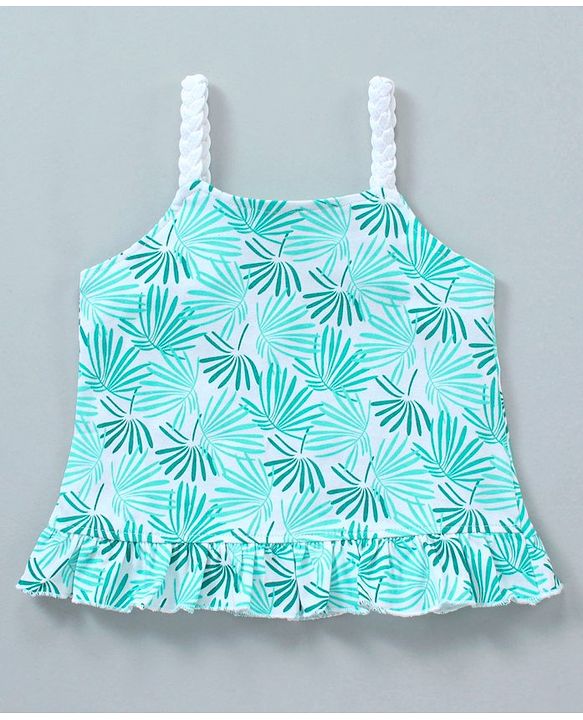 Babyhug Singlet Sleeves Top Leaf Print - White Blue