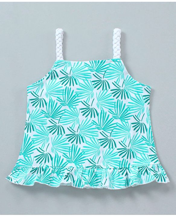 Babyhug Singlet Sleeves Top Leaf Print - White Blue