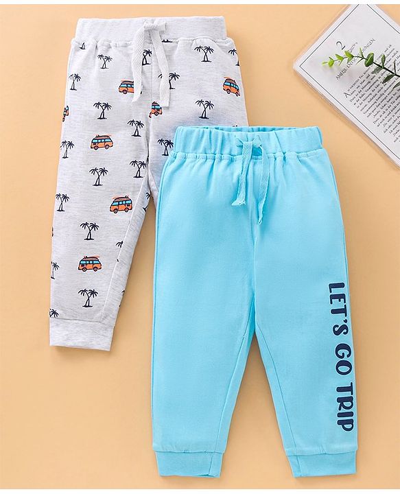 Babyhug Full Length Printed Knitted Lounge Pants Pack of 2 - Grey Blue