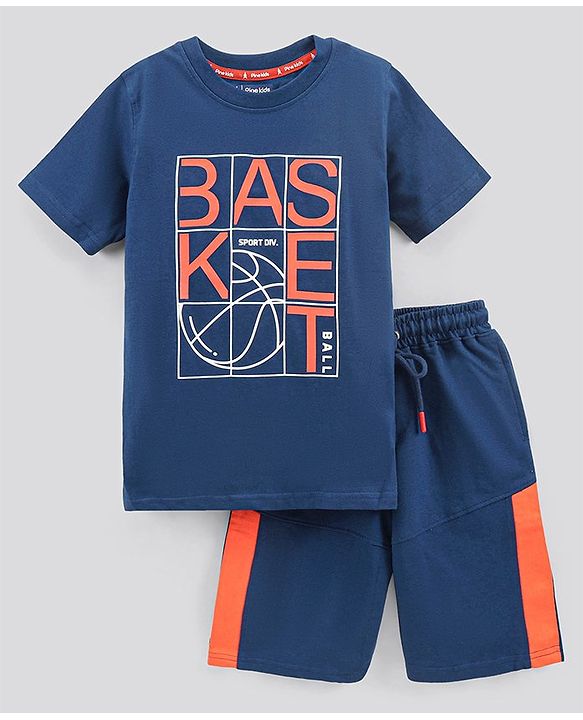 Pine Kids Bio Washed Half Sleeves T Shirt  and Shorts Set Text Print - Blue