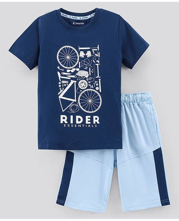 Pine Kids Half Sleeves Biowashed Cotton T-Shirt And Shorts Set Rider Essentials Print - Blue