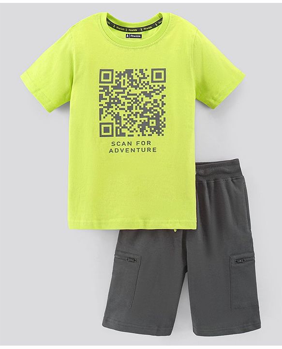 Pine Kids Half Sleeves Biowashed T-Shirt & Shorts Set QR Code Print - Green