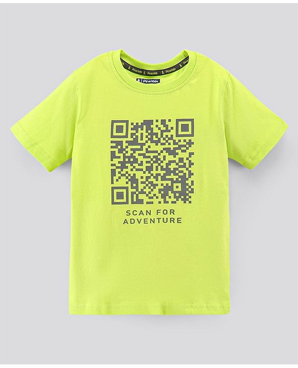 Pine Kids Half Sleeves Biowashed T-Shirt & Shorts Set QR Code Print - Green