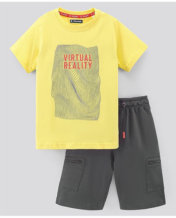 Pine Kids Half Sleeves Biowashed T-Shirt & Shorts Set Virtual Reality Print - Yellow
