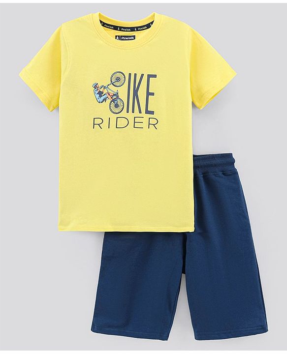 Pine Kids Half Sleeves Biowashed Cotton T-Shirt And Shorts Set Like Rider Print - Yellow Blue