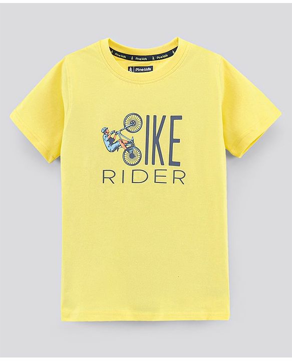Pine Kids Half Sleeves Biowashed Cotton T-Shirt And Shorts Set Like Rider Print - Yellow Blue